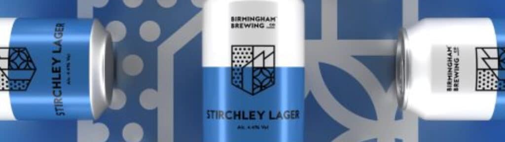 A photo showing three white and blue cans of Stirchley Lager, available online